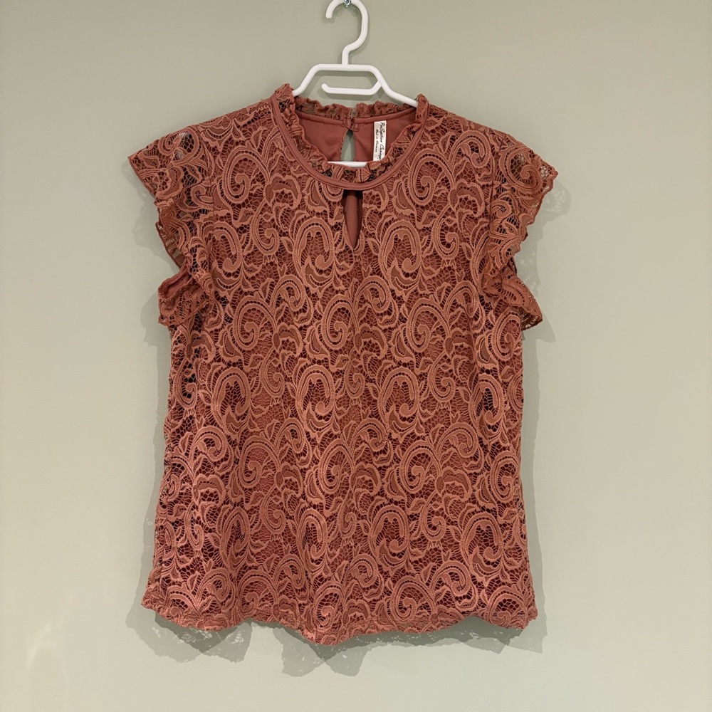 Dusty Rose Lace Overlay Top with High Neck